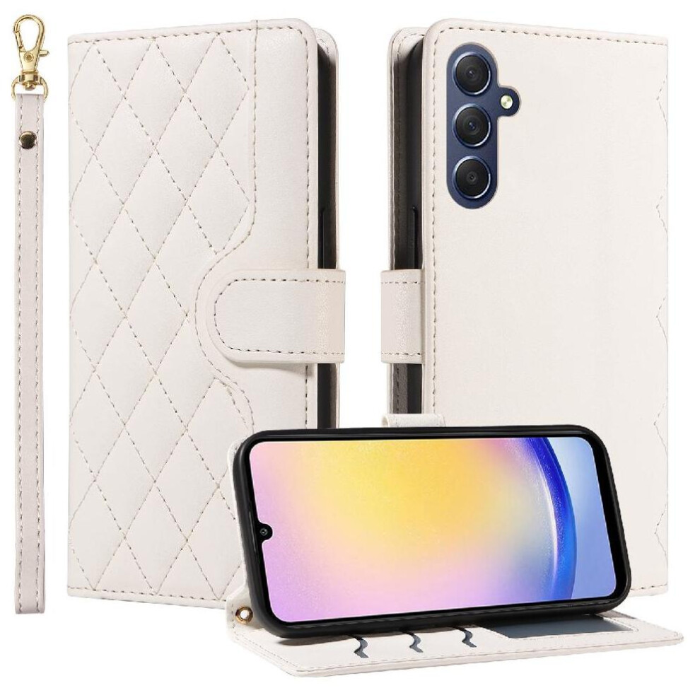 (White) Case For Samsung Galaxy A25 5G Detachable Wrist Strap And Long Lanyard Wallet Card Slots Lattice Flip Folio Phone Case With Stand White 764762802066