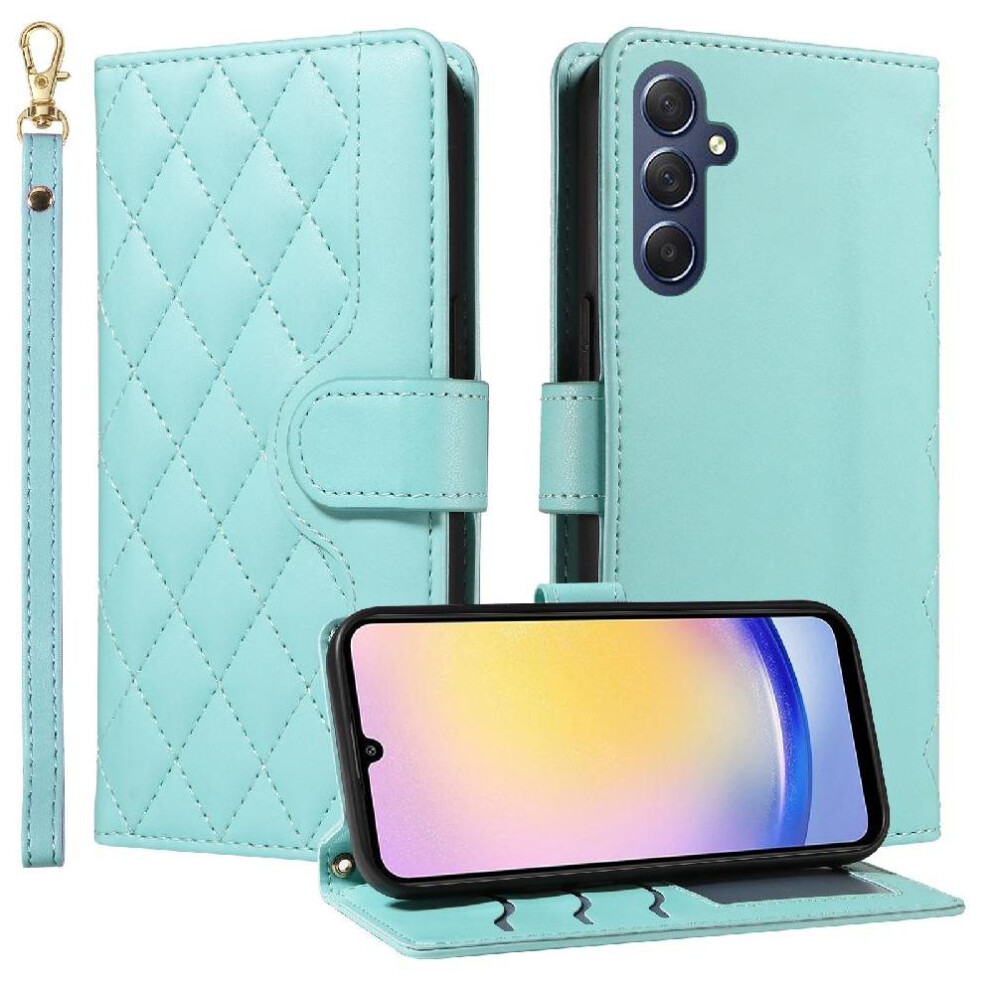(Green) Case For Samsung Galaxy A25 5G Detachable Wrist Strap And Long Lanyard Wallet Card Slots Lattice Flip Folio Phone Case With Stand Green 764762802059