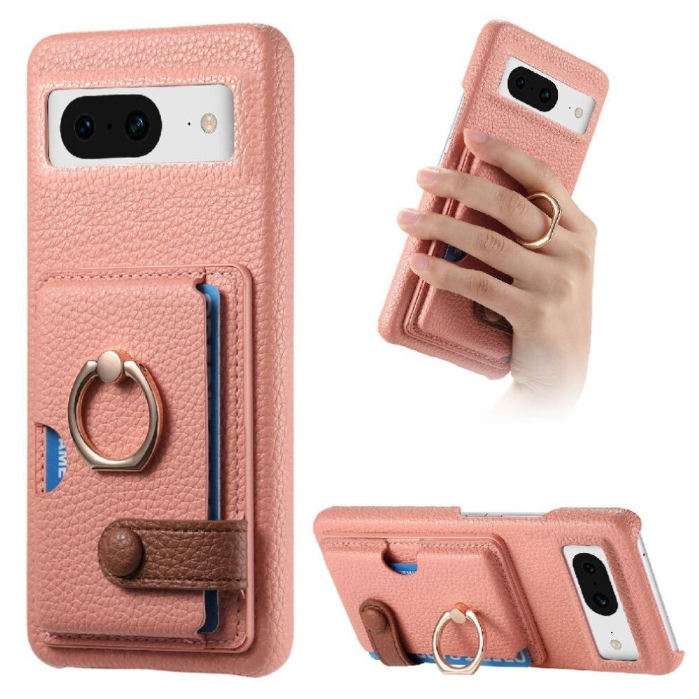 (Pink) Case For Google Pixel 8A Ring Stand Card Slots Premium Textured Leather Pink 764762803933