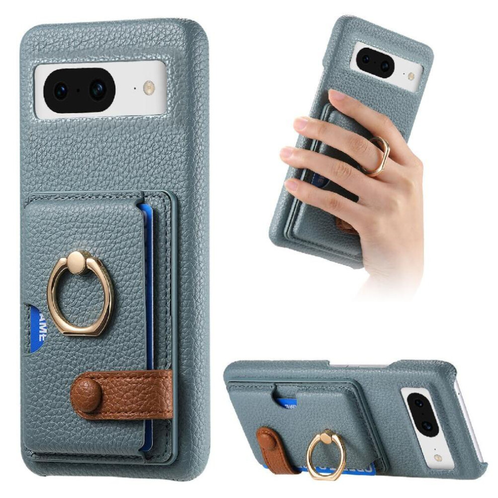 (Blue) Case For Google Pixel 8A Ring Stand Card Slots Premium Textured Leather Blue 764762803964