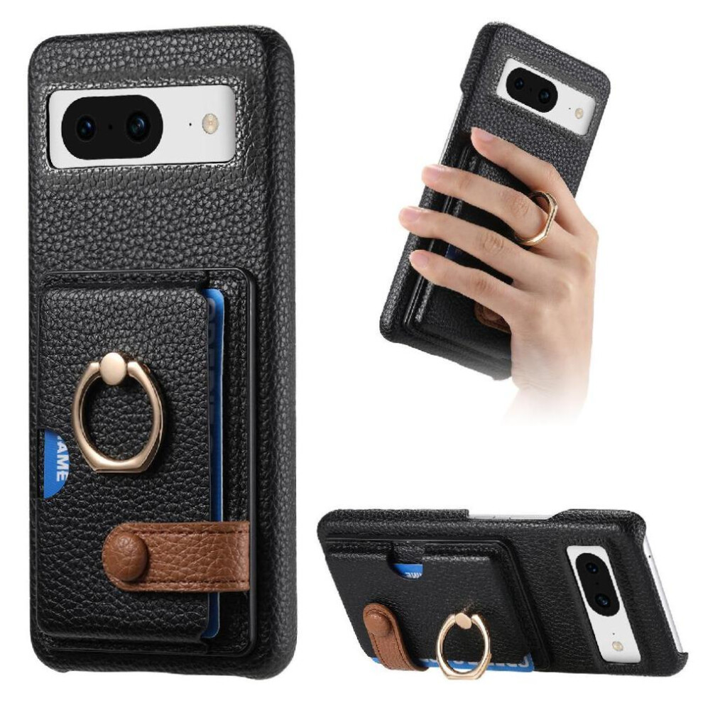 (Black) Case For Google Pixel 8A Ring Stand Card Slots Premium Textured Leather Black 764762803971