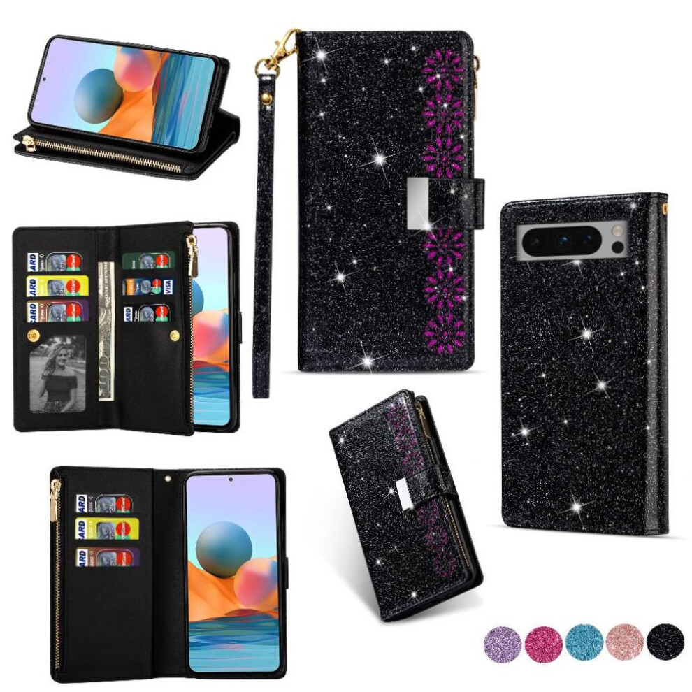(Black) Glitter Wallet Case For Google Pixel 8A Zipper Pocket Wrist Strap Card Holder Wallet Case Kickstand Magnetic Black 764762804046