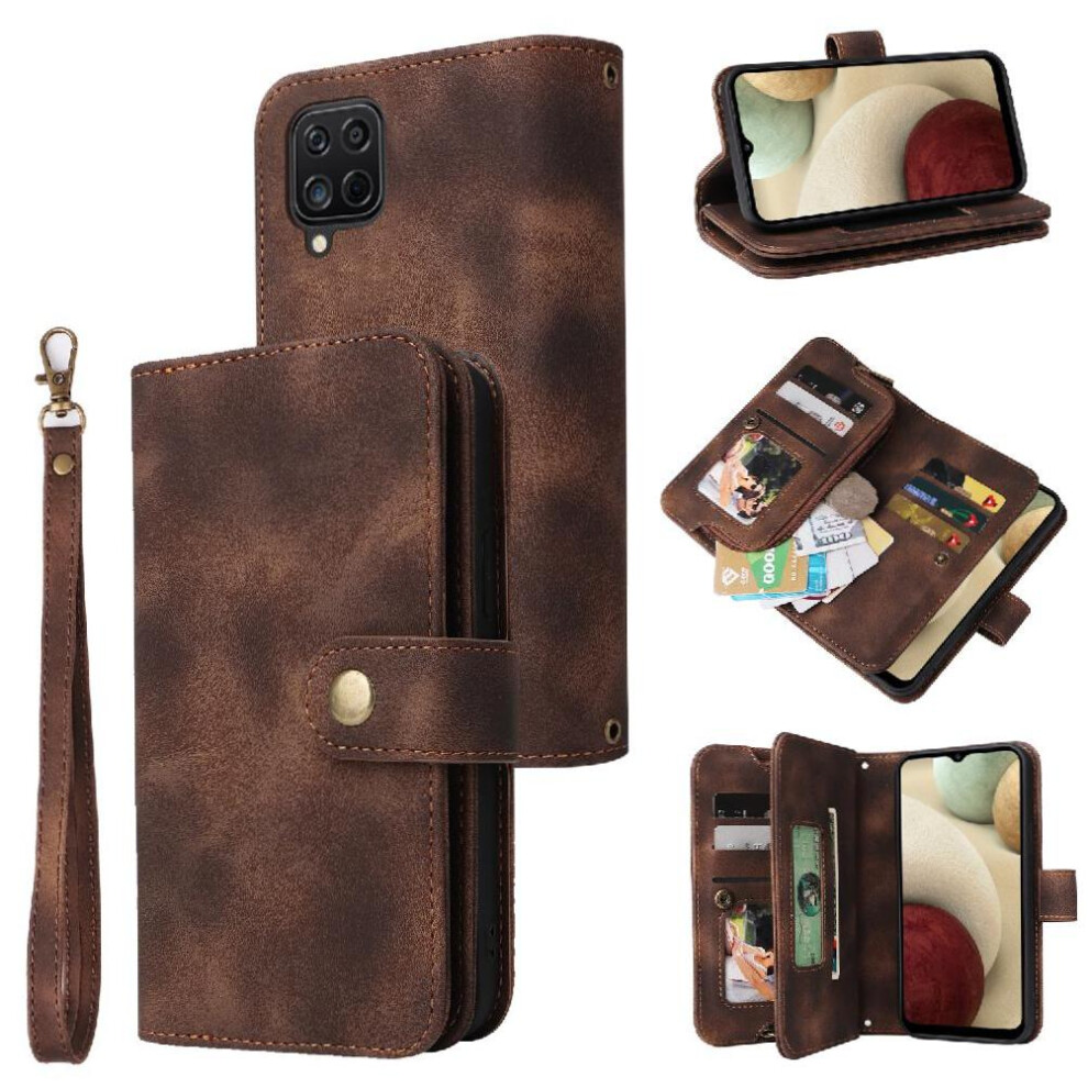 (Brown) Flip Case For Samsung Galaxy A12/M12 Shockproof Multifunctional Wallet Card Slots Wrist Strap Flip Brown 764762805098