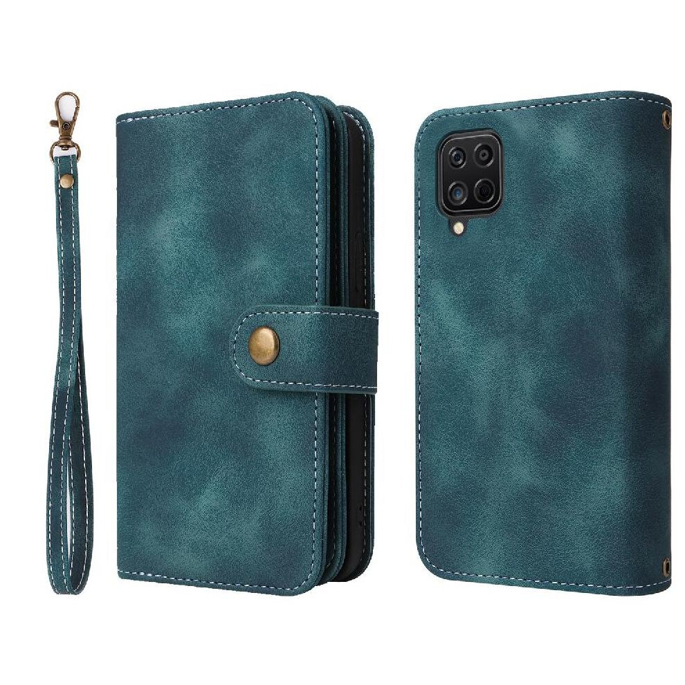 (Blue) Flip Case For Samsung Galaxy A12/M12 Shockproof Multifunctional Wallet Card Slots Wrist Strap Flip Blue 764762805074