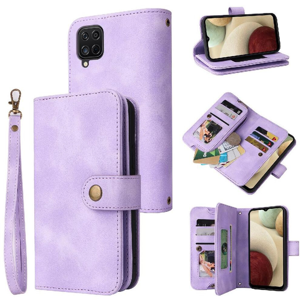 (Purple) Flip Case For Samsung Galaxy A12/M12 Shockproof Multifunctional Wallet Card Slots Wrist Strap Flip Purple 764762805104