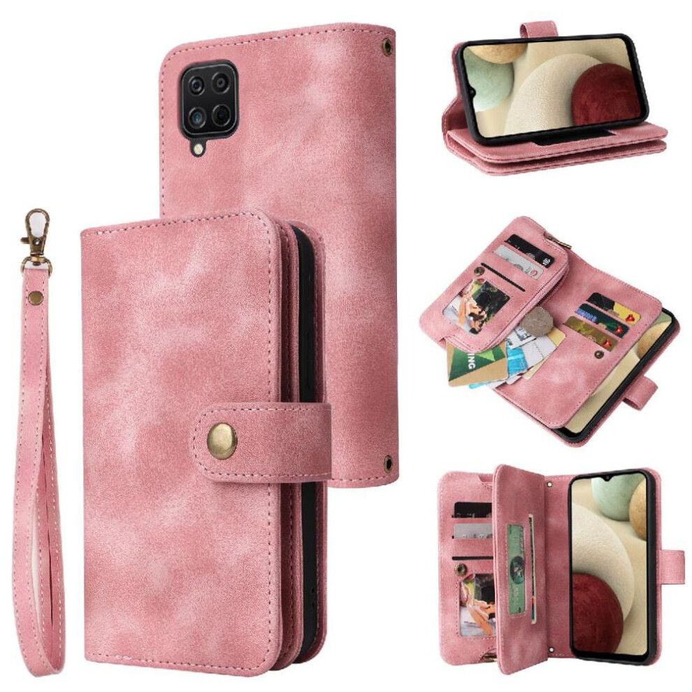 (Pink) Flip Case For Samsung Galaxy A12/M12 Shockproof Multifunctional Wallet Card Slots Wrist Strap Flip Pink 764762805081