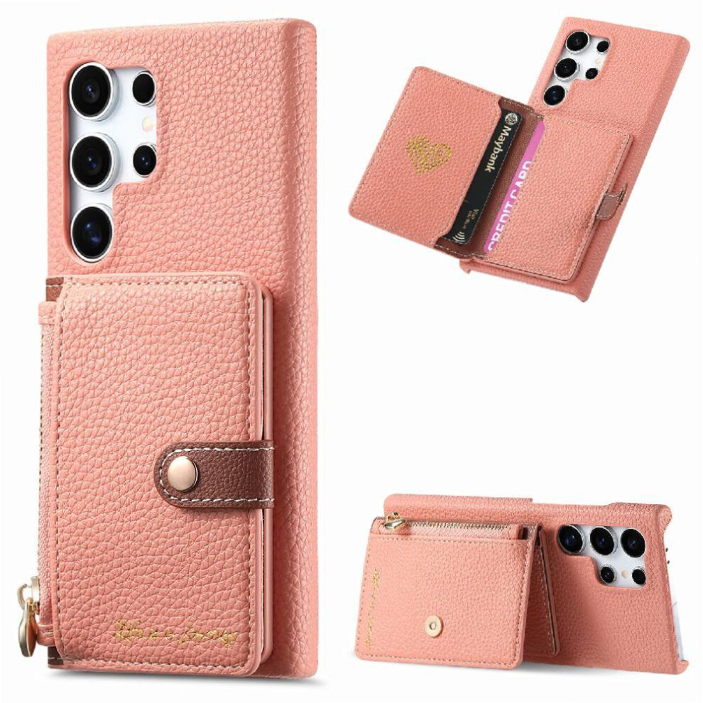 (Pink) Case For Samsung Galaxy S24 Ultra Wallet Zipper Shockproof Wallet Stand Pink 764762805784