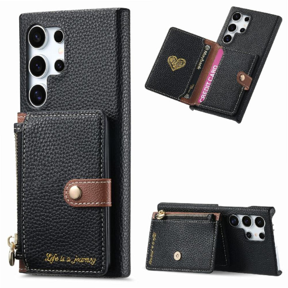 (Black) Case For Samsung Galaxy S24 Ultra Wallet Zipper Shockproof Wallet Stand Black 764762805753