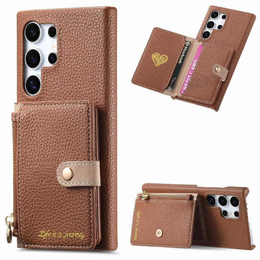 (Brown) Case For Samsung Galaxy S24 Ultra Wallet Zipper Shockproof Wallet Stand Brown 764762805791