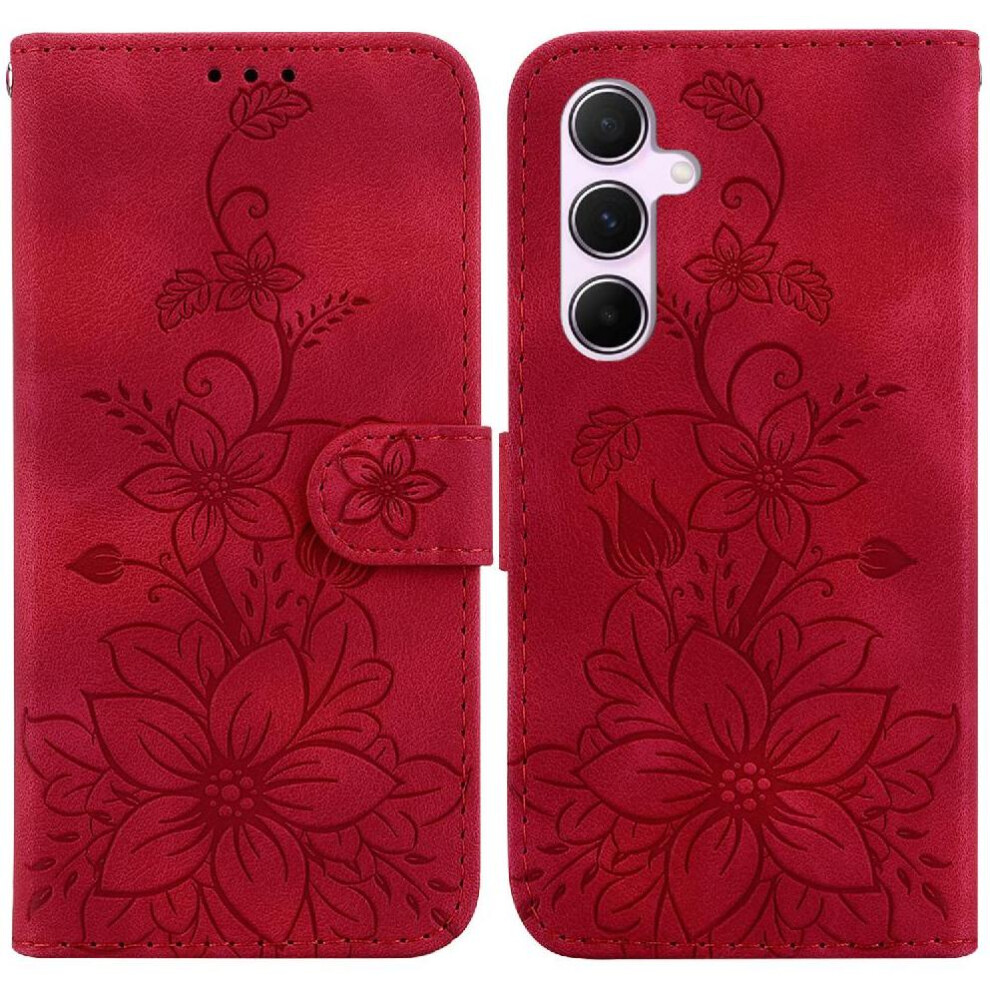 (Red) Flip Case For Samsung Galaxy A55 5G Kickstand Card Holder Embossed Lily Magnetic Wallet Red 764762807498