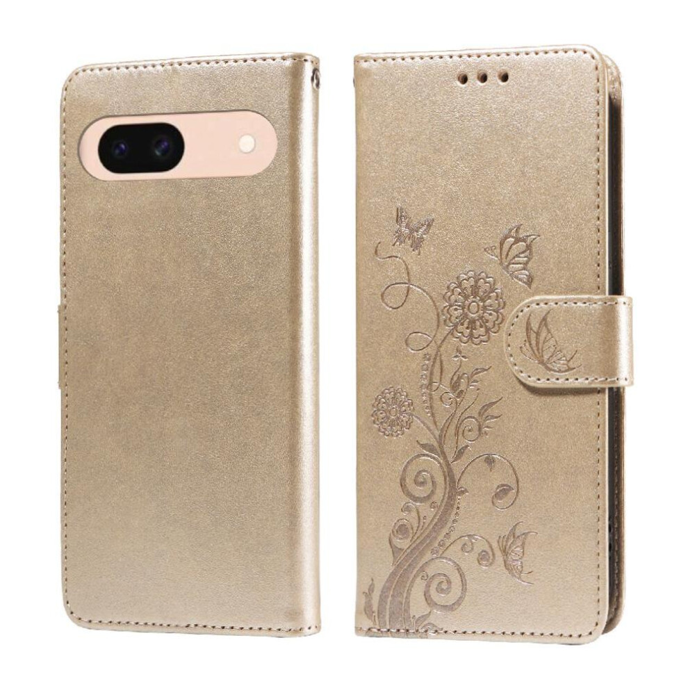 (Gold) Flip Case For Google Pixel 8A Flower Cardslots Leather Flip Gold 764762807665