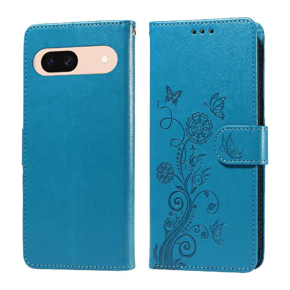 (Blue) Flip Case For Google Pixel 8A Flower Cardslots Leather Flip Blue 764762807658