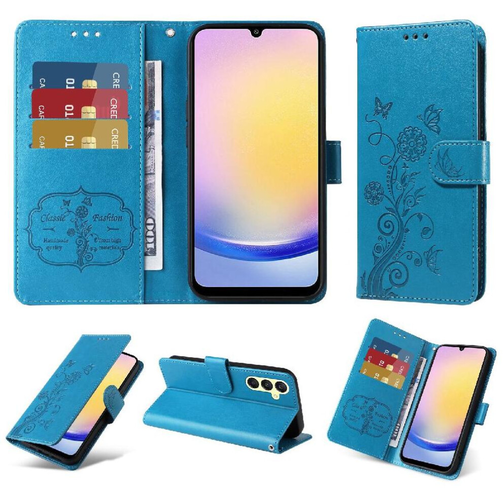 (Blue) Flip Case For Samsung Galaxy A25 5G Cardslots Leather Flower Flip Blue 764762807856