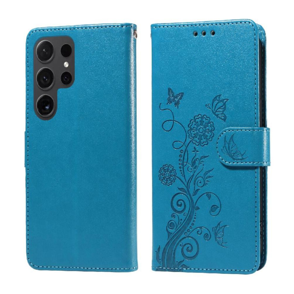 (Blue) Flip Case For Samsung Galaxy S24 Ultra Flip Cardslots Flower Leather Blue 764762808211