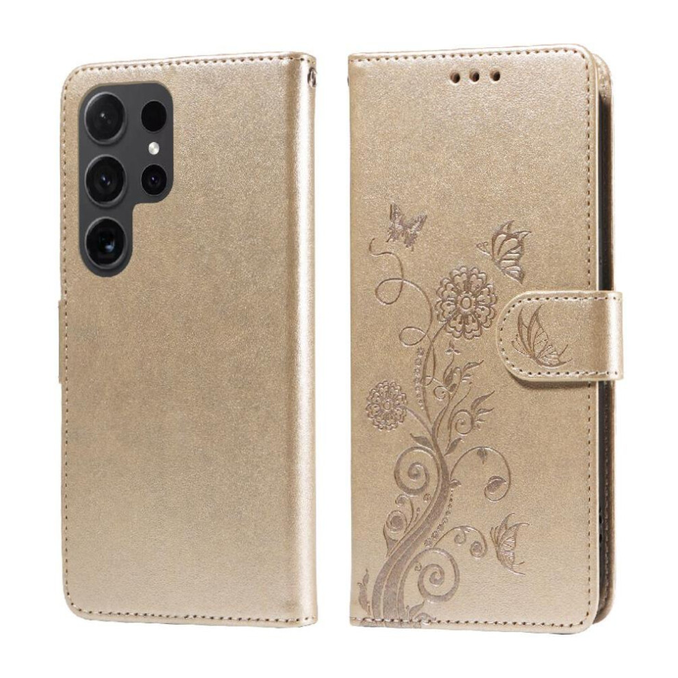 (Gold) Flip Case For Samsung Galaxy S24 Ultra Flip Cardslots Flower Leather Gold 764762808228