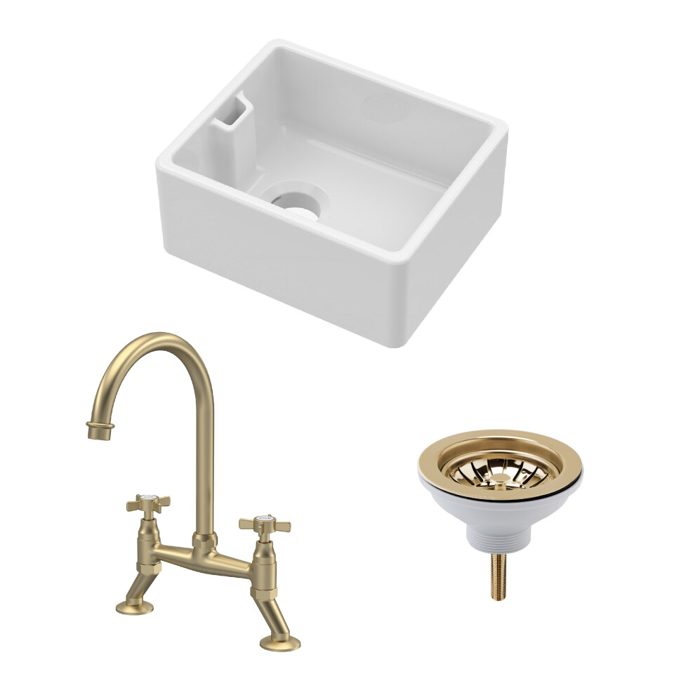 Fireclay Kitchen Bundle - Compact Single Bowl Belfast Sink, Strainer Waste & Bridge Tap, 460mm - Brushed Brass - Balterley