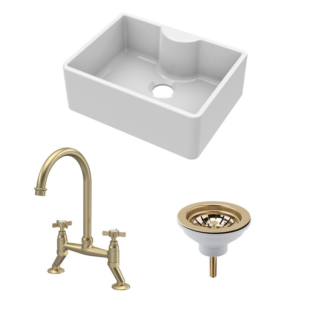 Fireclay Kitchen Bundle - Single Bowl Butler Sink with Tap Ledge, Waste & Bridge Tap, 595mm - Brushed Brass - Balterley