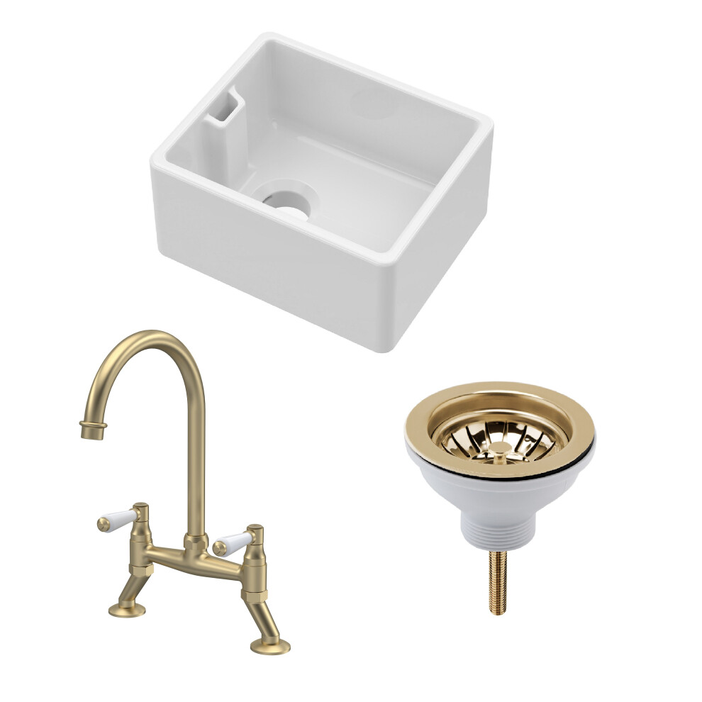 Fireclay Kitchen Bundle - Compact Single Bowl Belfast Sink, Strainer Waste & Bridge Lever Tap, 460mm - Brushed Brass - Balterley