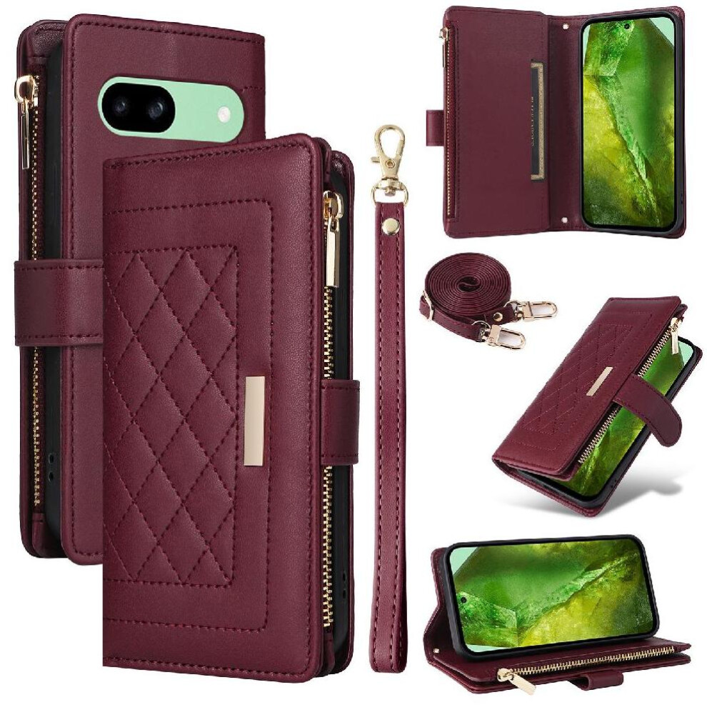 (Red) Flip Case For Google Pixel 8A Card Slots Strap Shockproof Wallet Red 764762808631