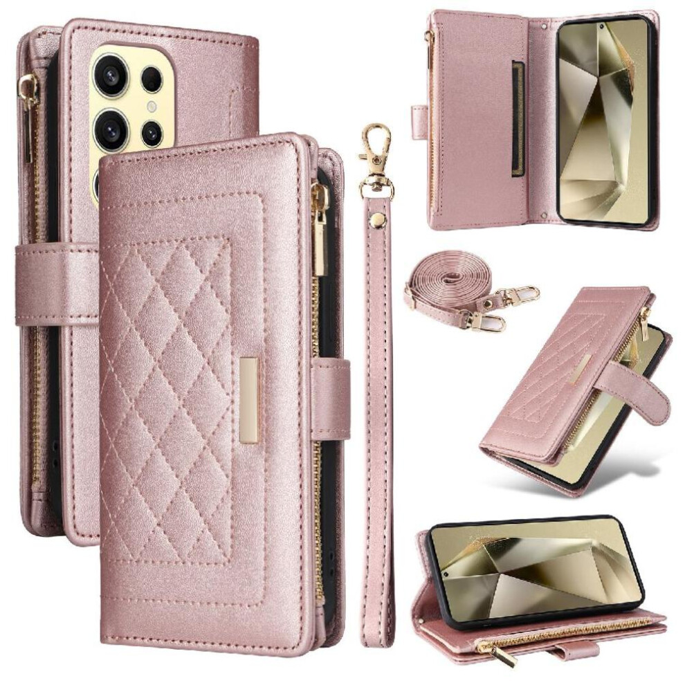 (Rose ) Flip Case For Samsung Galaxy S24 Ultra Strap Card Slots Wallet Shockproof Gold 764762808648