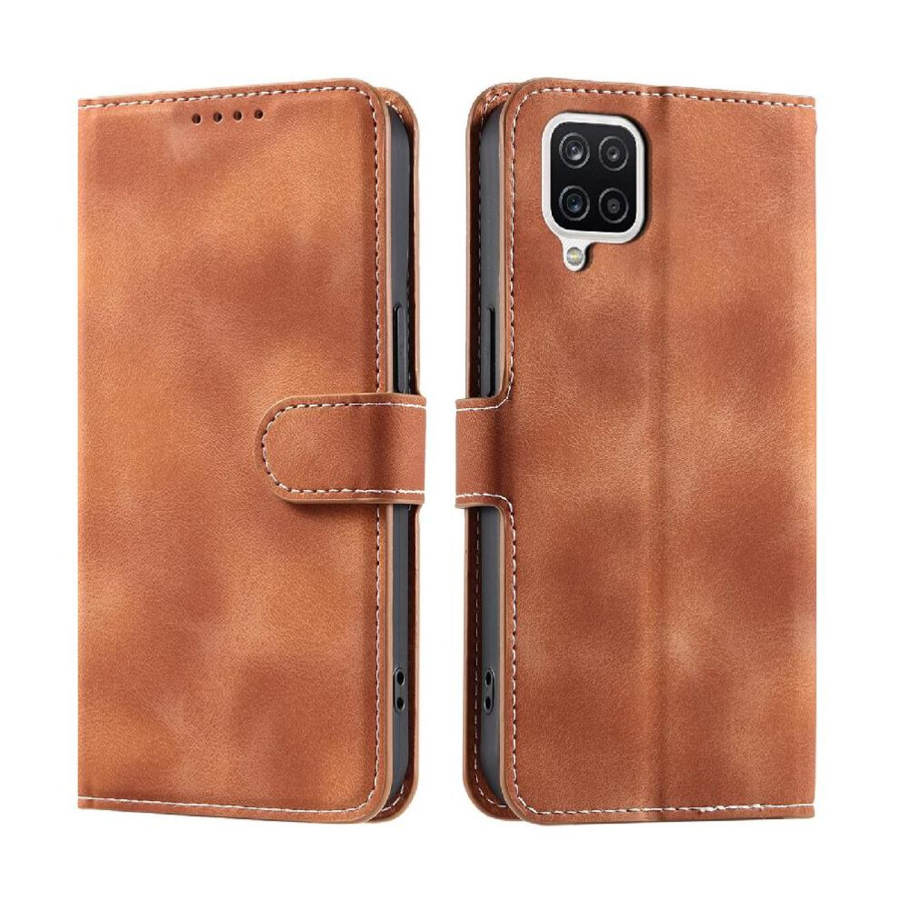 (Brown) Flip Case For Samsung Galaxy A12 Wrist Strap Pu Leather Wallet Card Slots Magnetic Kickstand Brown 764762809799
