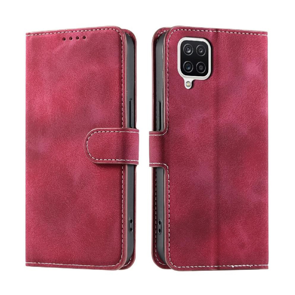 (Red) Flip Case For Samsung Galaxy A12 Wrist Strap Pu Leather Wallet Card Slots Magnetic Kickstand Red 764762809775