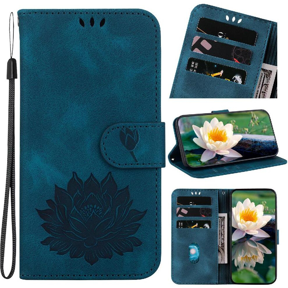 (Blue) Flip Case For Samsung Galaxy S24 Ultra Kickstand Relief Lotus Flower Wallet Magnetic Kickstand Blue 764762810559