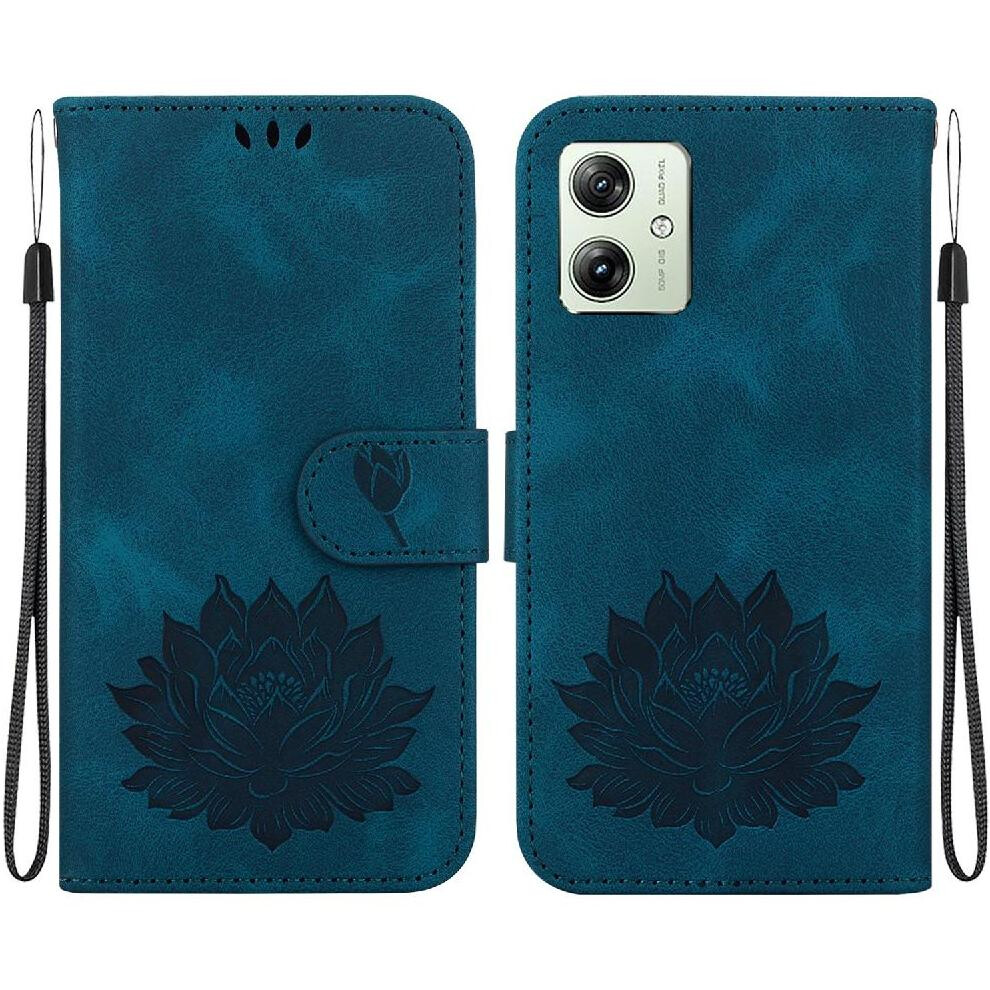 (Blue) Flip Case For Motorola Moto G54 Kickstand Relief Lotus Flower Magnetic Kickstand Wallet Blue 764762811815