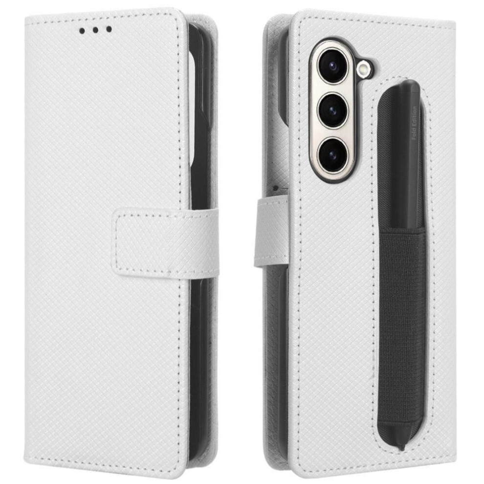 (White) Case for Samsung Galaxy Z Fold 6 Kickstand Cover Card Holder Magnetic Wallet