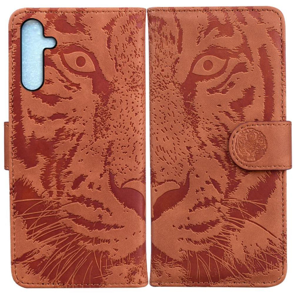 (Brown) Flip Case For Samsung Galaxy A25 5G Kickstand Protective Leather Wallet Embossed Cute Tiger Brown 764762812997