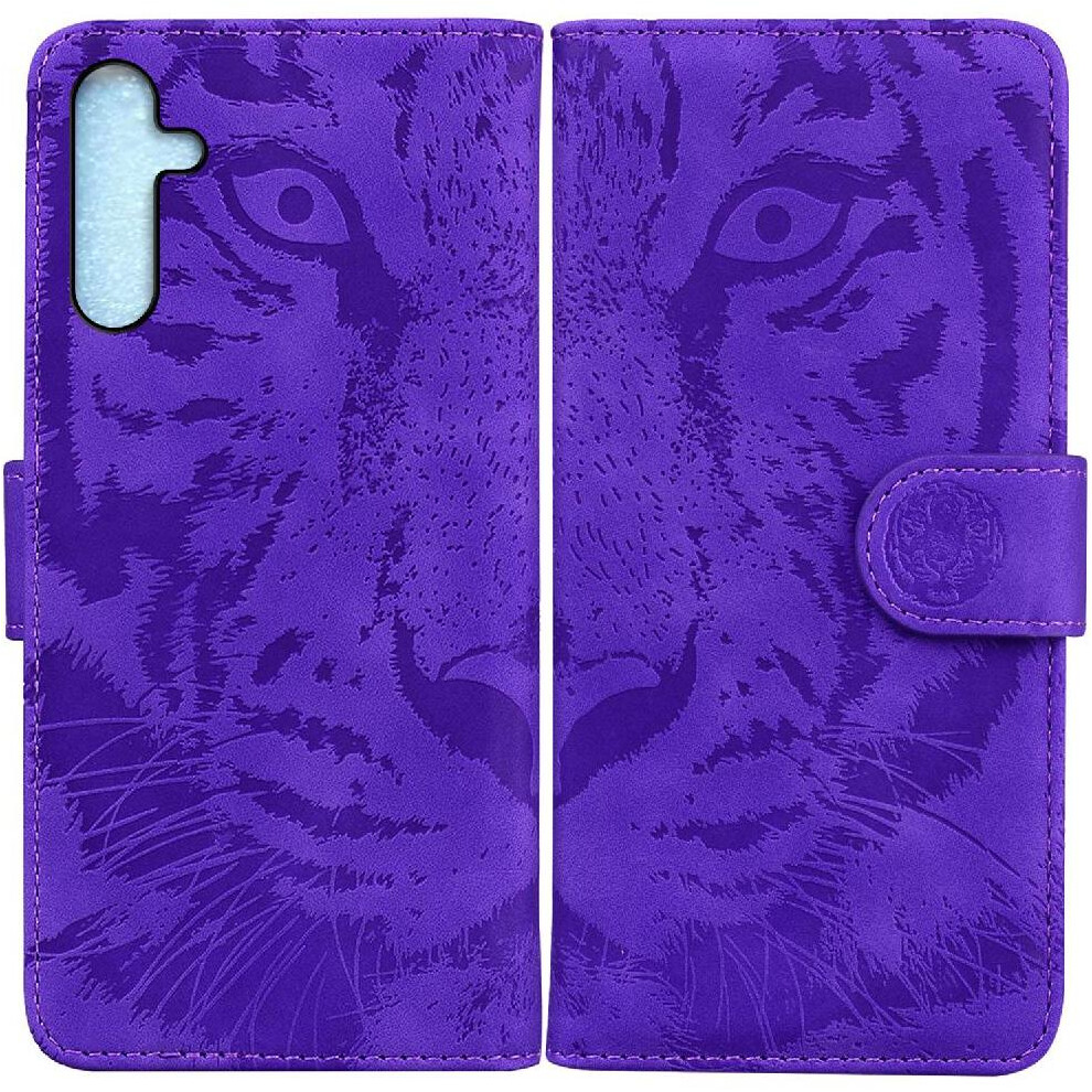 (Purple) Flip Case For Samsung Galaxy A25 5G Kickstand Protective Leather Wallet Embossed Cute Tiger Purple 764762812980