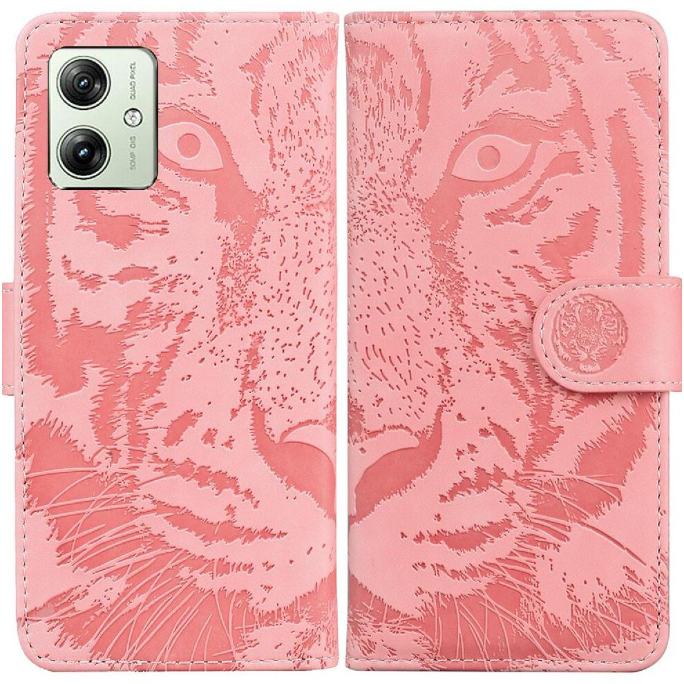 (Pink) Flip Case For Motorola Moto G54 Leather Wallet Kickstand Protective Embossed Cute Tiger Pink 764762813123