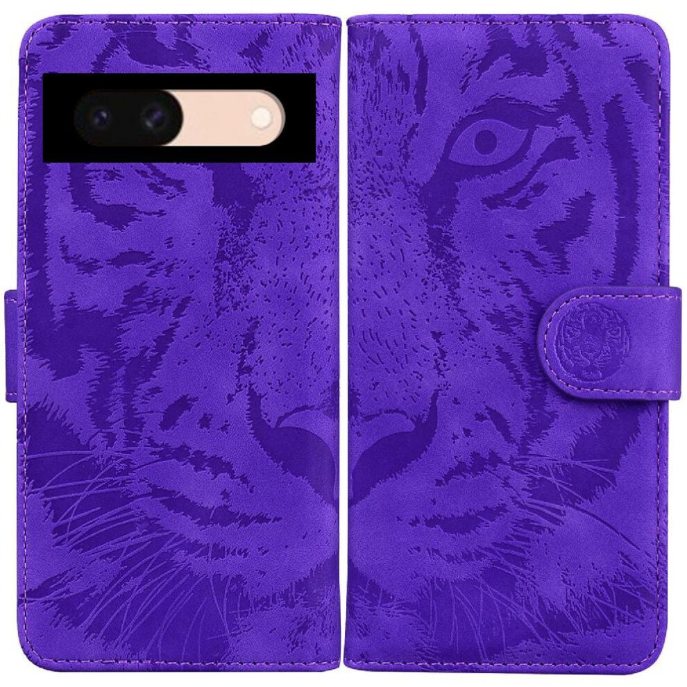 (Purple) Flip Case For Google Pixel 8A Embossed Cute Tiger Leather Wallet Kickstand Protective Purple 764762813284