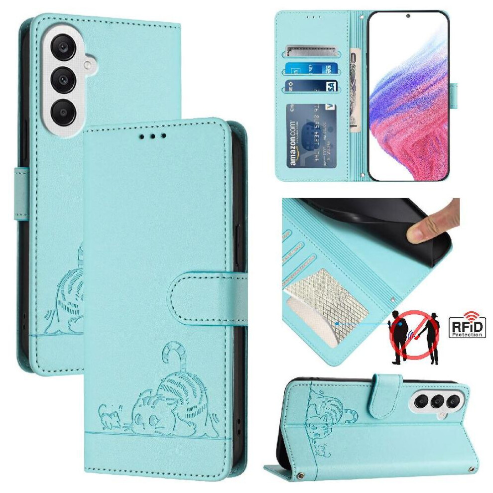 (Green) Case For Samsung Galaxy A25 5G Cat Rfid Card Slot Holder Kickstand Wallet Flip Cover Green 764762813918