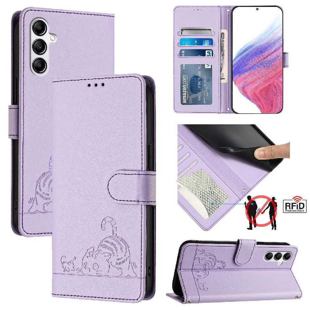 (Purple) Case For Samsung Galaxy A14 5G/4G Wallet Flip Cover Card Slot Holder Kickstand Cat Rfid Purple 764762814076