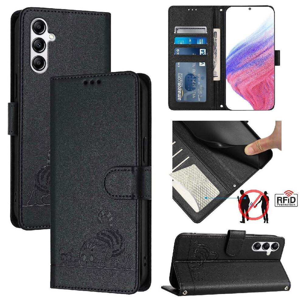 (Black) Case For Samsung Galaxy A14 5G/4G Wallet Flip Cover Card Slot Holder Kickstand Cat Rfid Black 764762814052