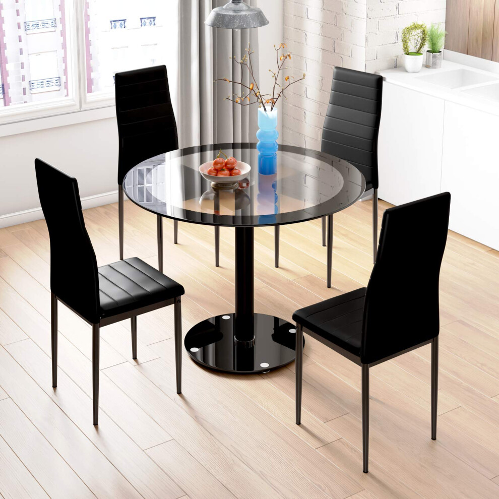 JEFFORDOUTLET Black Dining Table and Chairs Set of 4, Round Tempered Glass Table with High Back PU Leather Chairs