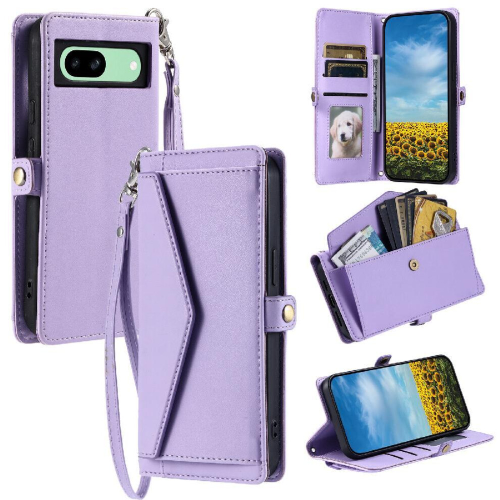 (Purple) Wallet Crossbody Case For Google Pixel 8A Zipper Bills Slot Card Holder Rfid Blocking Wallet Case For Women Purple 764762815639
