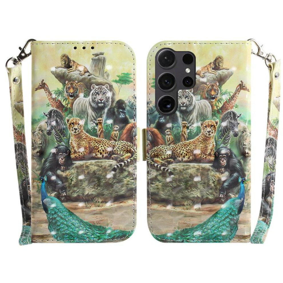 (Ohter) 3D Painted Protective Case For Samsung Galaxy S24 Ultra Magnetic Closure Lanyard Pu Leather Wallet Card Slots 764762815776