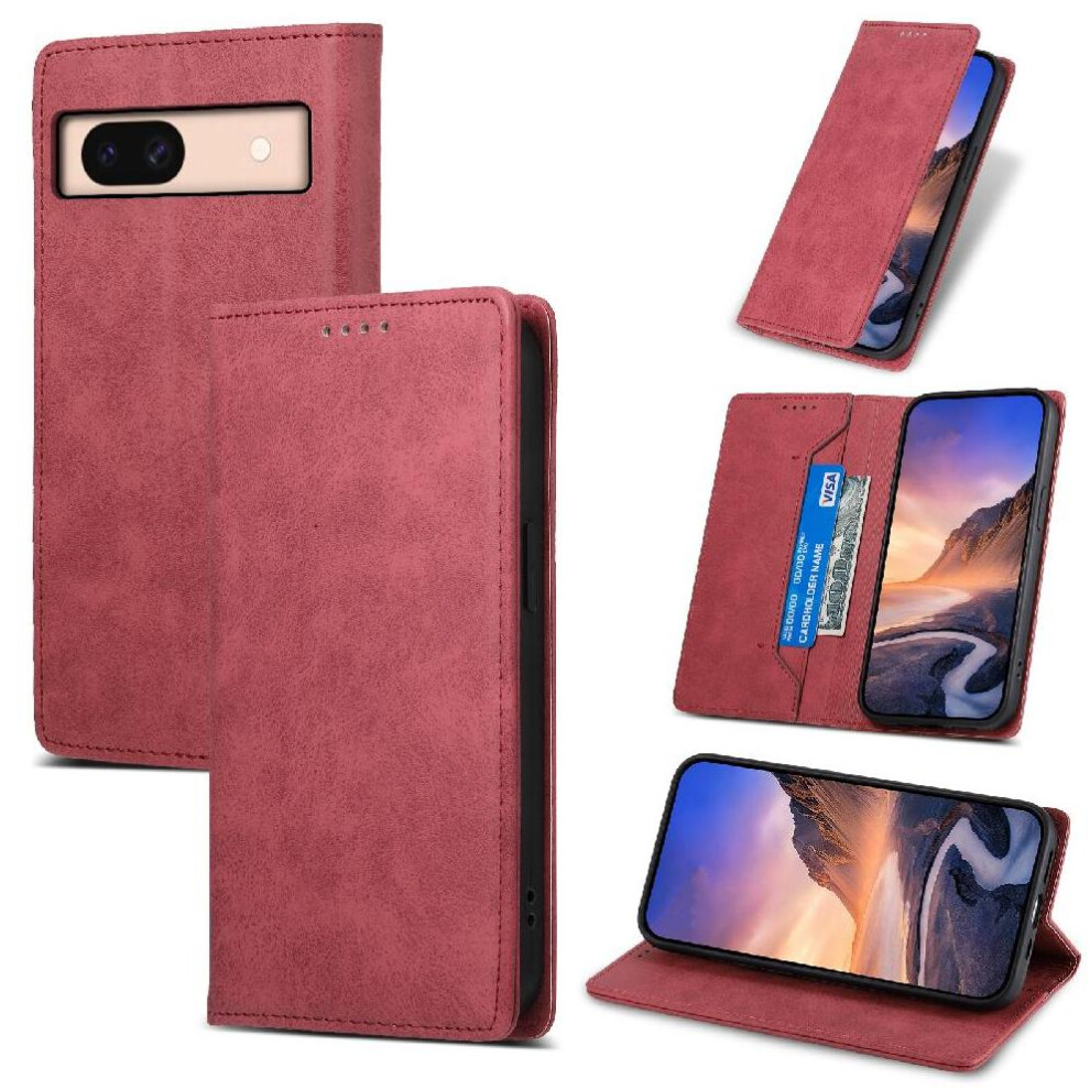 (Red) Flip Case For Google Pixel 8A Kickstand Card Slot Tpu Shockproof Business Casual Red 764762816001