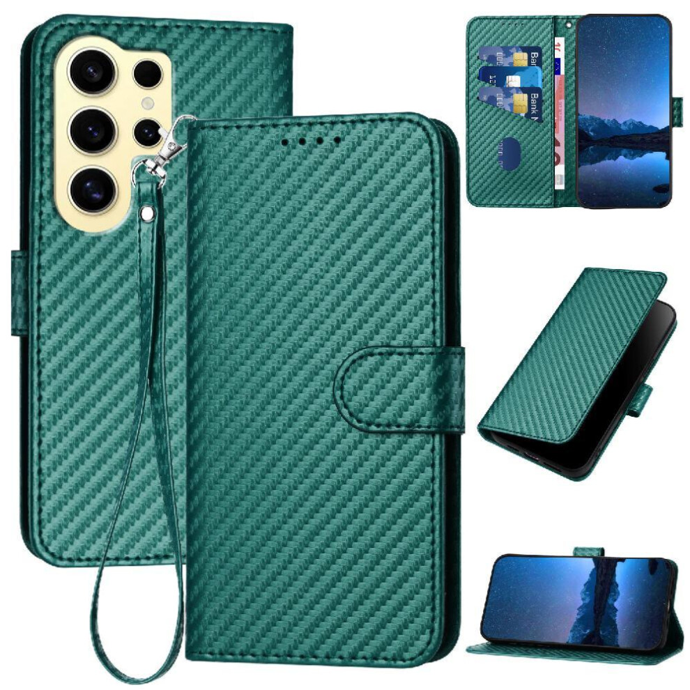 Photos - Case  Flip  for Samsung Galaxy S24 Ultra with Card Slot and Kickstand with Detachable Hand Strap Carbon Fiber(Bottle green )