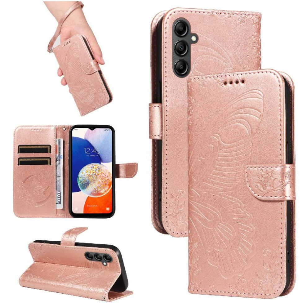 (Pink) Flip Case For Samsung Galaxy A14 5G High Quality Leather Embossed Butterfly Detachable Hand Strap With Credit Card Slot Pink 764762822255