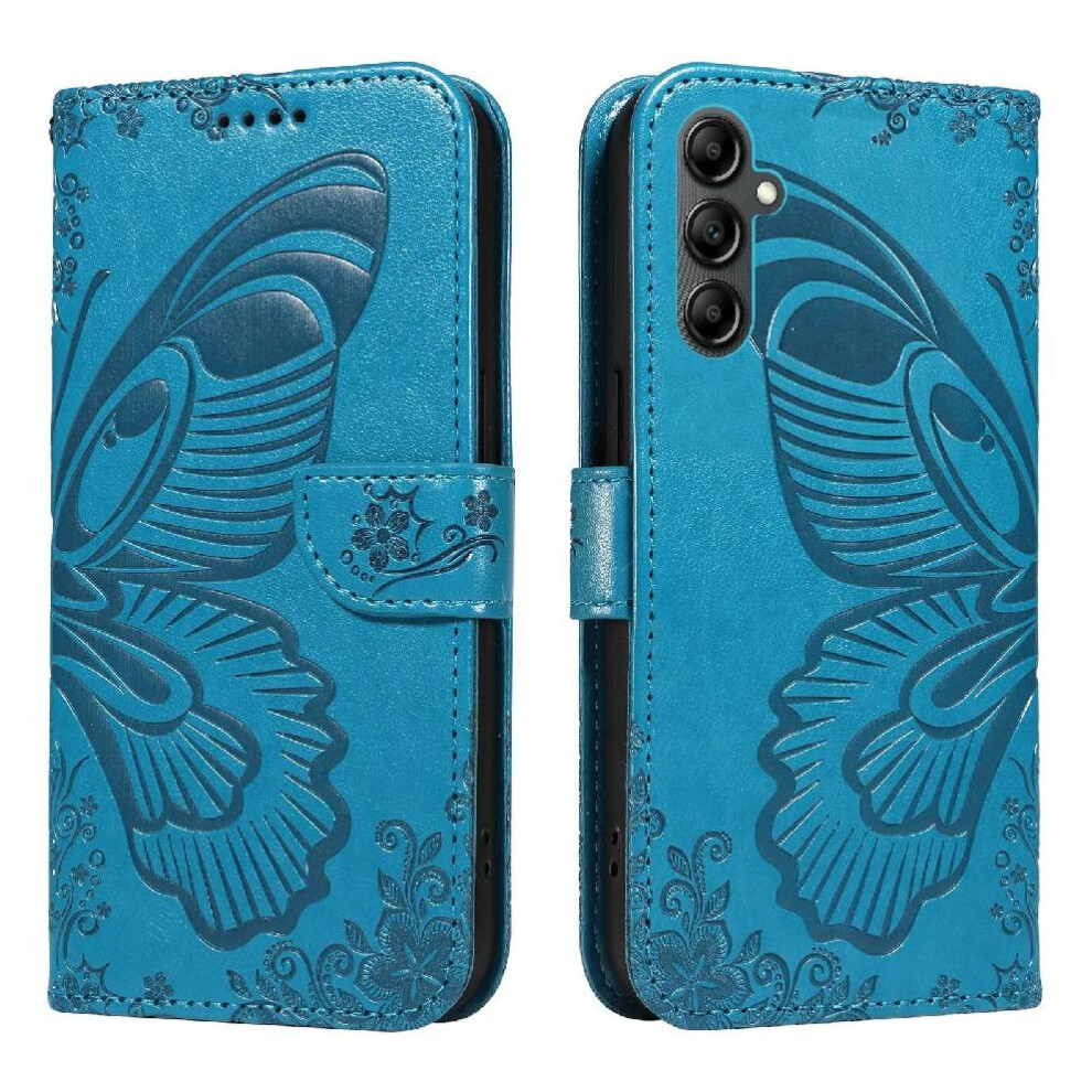(Blue) Flip Case For Samsung Galaxy A14 5G High Quality Leather Embossed Butterfly Detachable Hand Strap With Credit Card Slot Blue 764762822309