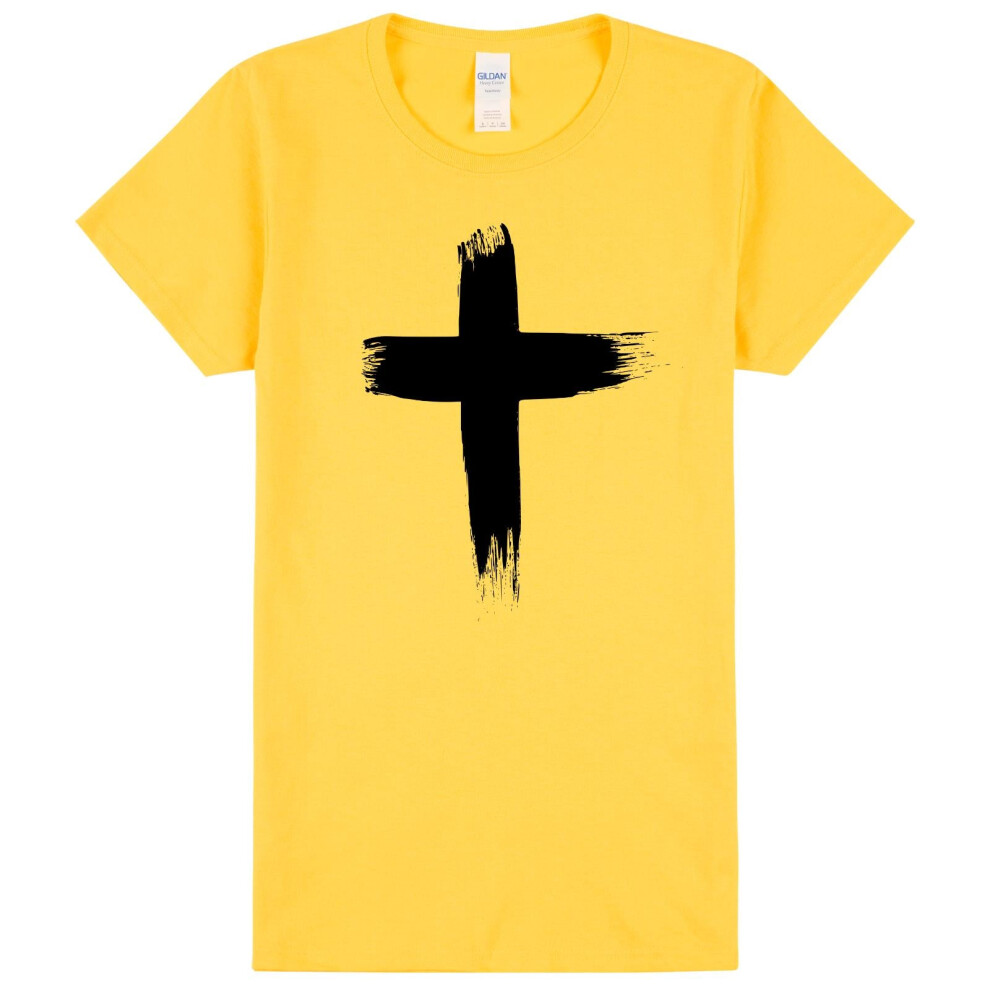 Gildan (L) Faith Jesus Cross Christian Religion Ladies Womens Yellow T-Shirt Tee Tops