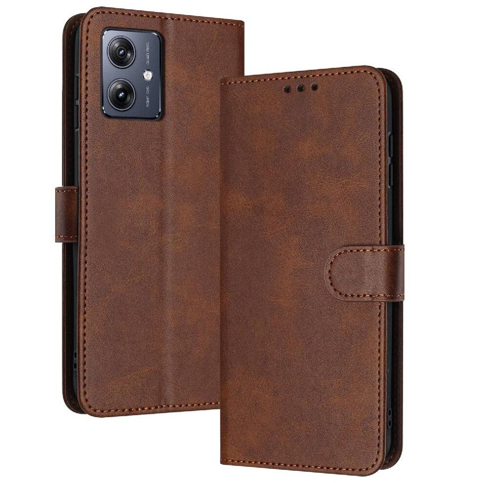 (Brown) Flip Case For Motorola Moto G54 With Card Slot Kickstand Pu Leather With Buckle Pure Colour Brown 764762824648