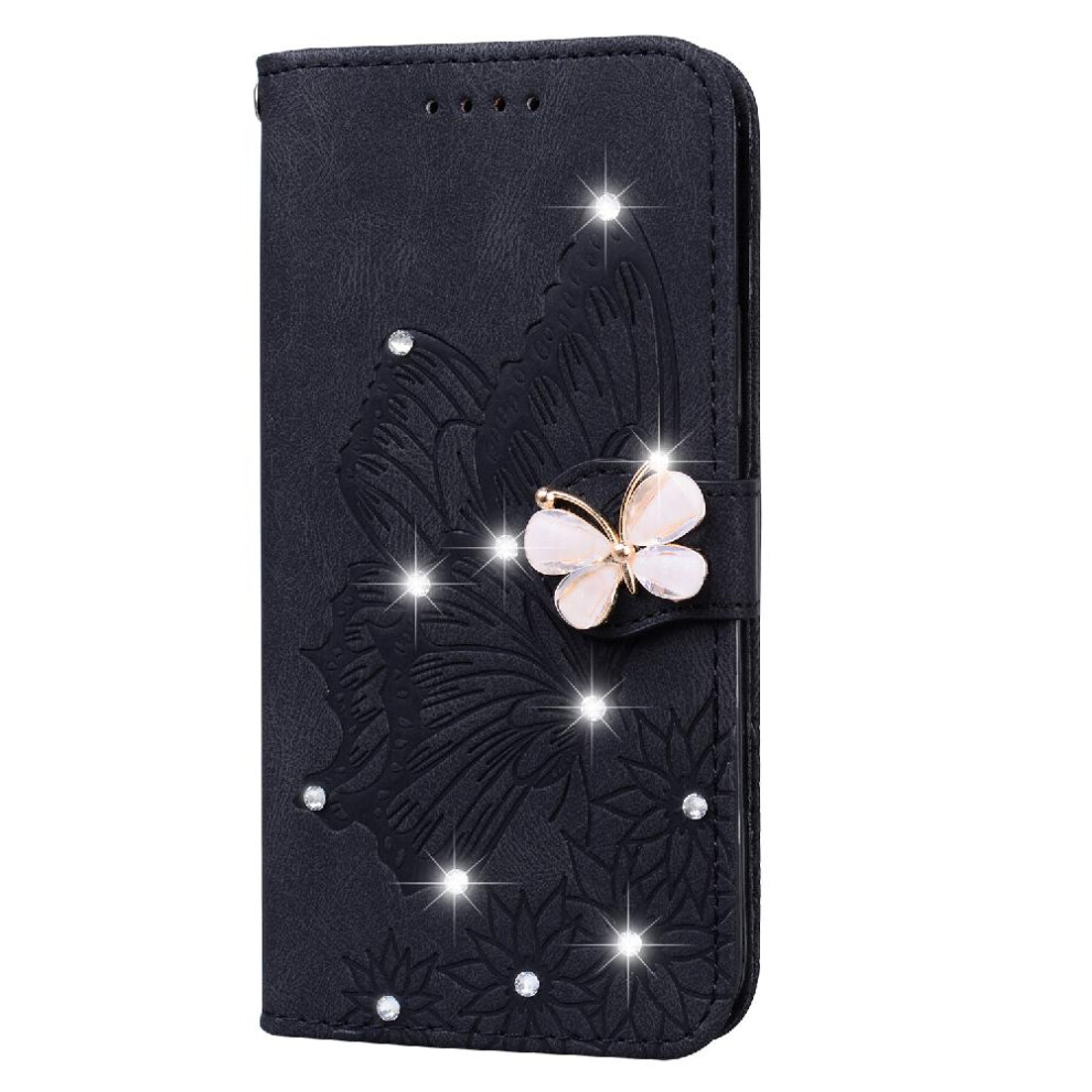 (Black) Case For Samsung Galaxy A55 5G With Card Slot Stand Flip Case Kickstand Protective Big Butterfly With Diamonds Leather Wallet Black 764762827472