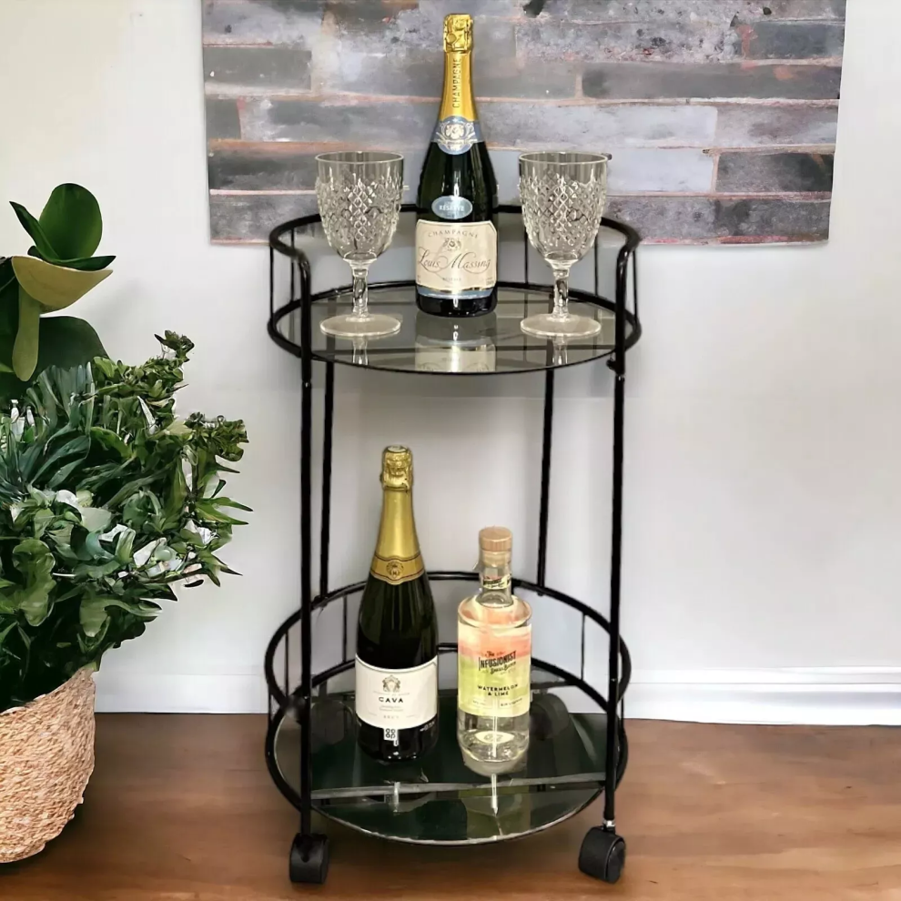 Round 2 Tier Trolley Two Glass Shelves Mini Bar Cart Drinks Table Gold