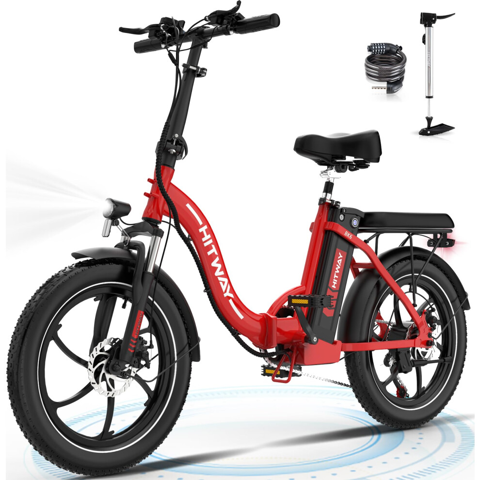 (Red) HITWAY Electric Bike, 20" Fat Tire Ebikes, 250W E BIKE up 90KM Electric Folding Bikes