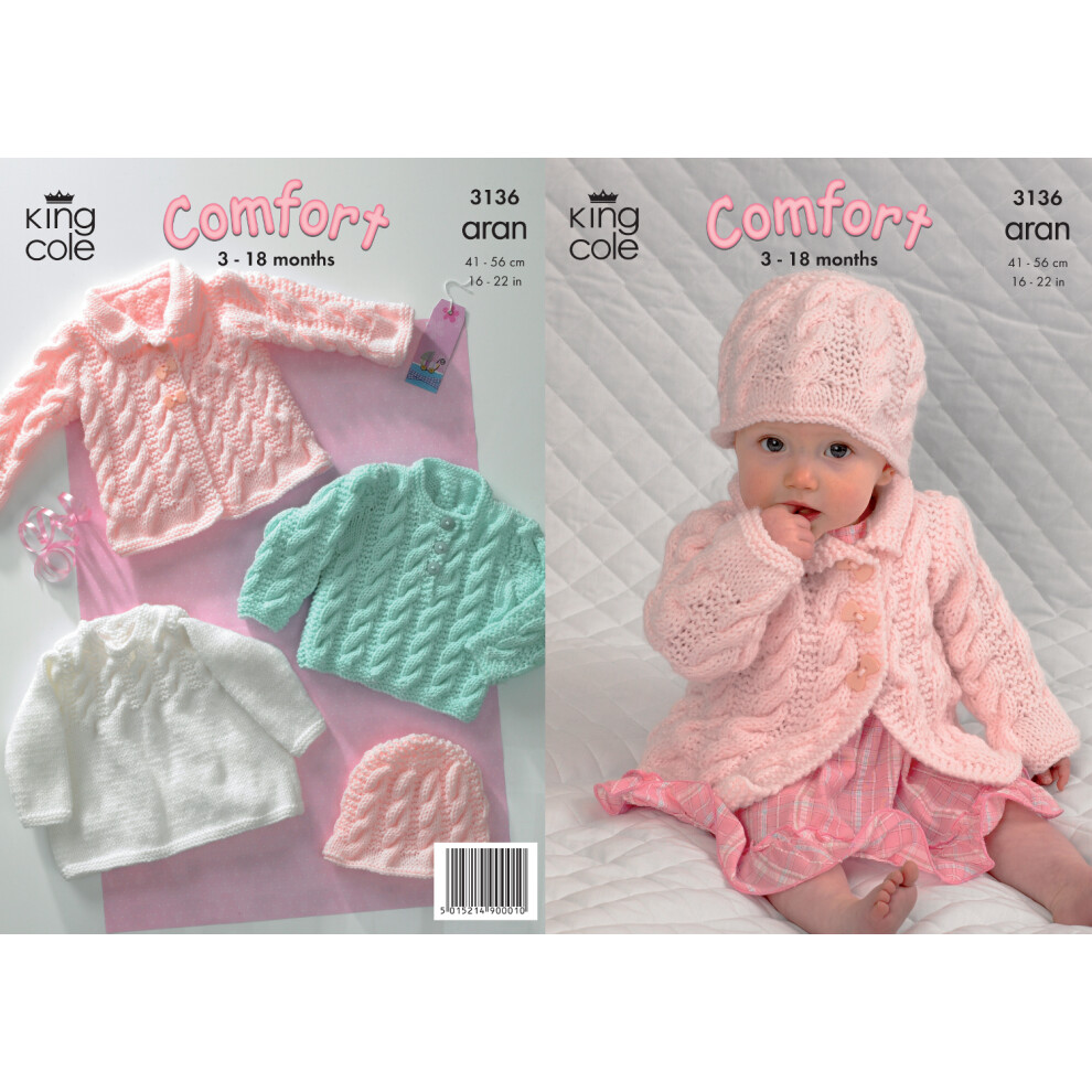 King Cole 3136 Aran Knitting Pattern Baby Coat Dress Sweater & Hat