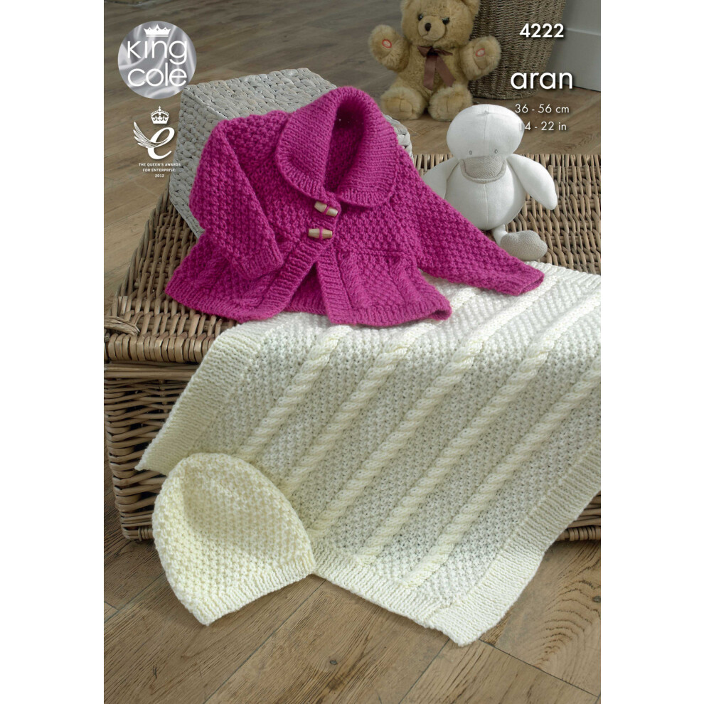 King Cole 4222 Aran Knitting Pattern Baby Jacket Blanket & Hat
